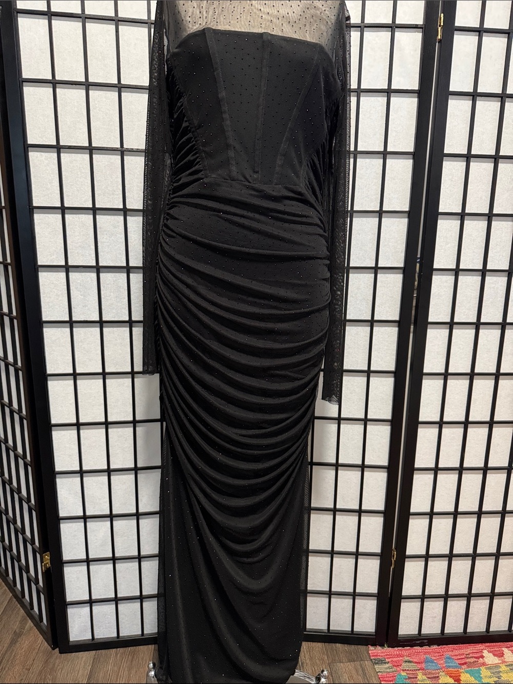 Black Halo Lexington Sheer Rhinestone Ruched Gown Size 12 - Picture 5 of 16